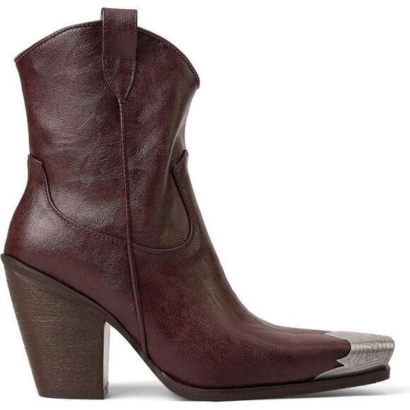 🆕Women Brown Western Ankle Boots Metal Toe Booties Stacked Block Heeled Shoes - Picture 2 of 5